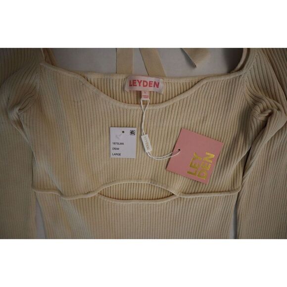 Leyden 1875LMA Women's Sz L Cream Ribbed Cutout Long Sleeve Thong Bodysuit $89+ - Picture 3 of 5